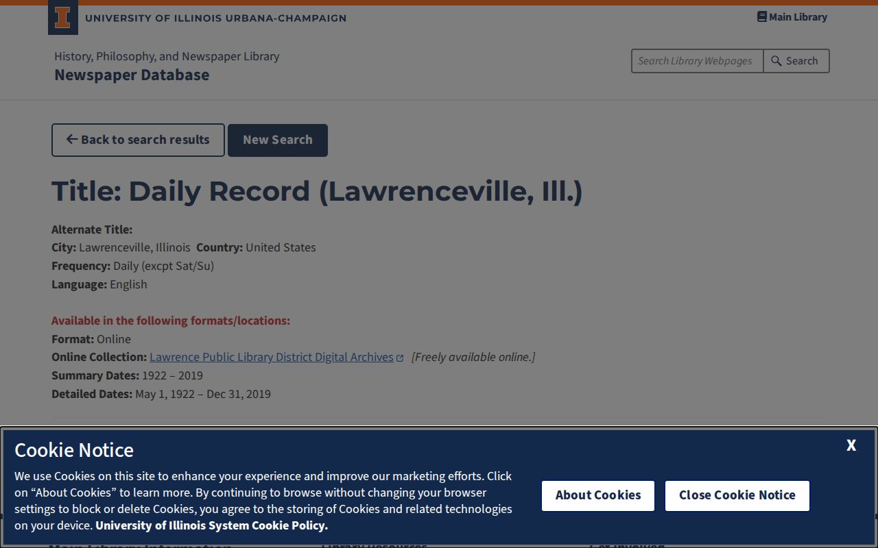 University of Illinois catalog record for Lawrenceville Daily Record newspaper